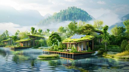 Sustainable floating cabins nestled amidst the serene mountain lake landscape promoting eco tourism and harmony with nature  The rustic eco friendly structures blend seamlessly with the lush