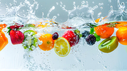 Vibrant Assortment of Juicy Citrus Fruits and Berries Splashing Dynamically in Crystal Clear Water with Refreshing Liquid Droplets and Splashing Effects  Healthy Natural and Concept for Food