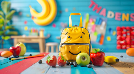 Vibrant yellow backpack filled with school supplies including fruit stationery and other items sitting on a colorful desk in a cheerful playful classroom setting