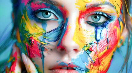 Vibrant Colorful Face Painting Portraits of Women Expressing Fashion and Beauty through Stylish and Experimental Makeup Designs and Digital