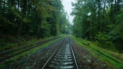 Obraz premium The trains steady rhythm matched the soothing sound of rain hitting the forest floor.