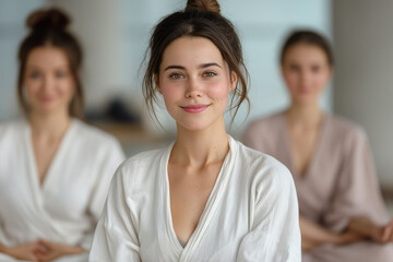 Three women are sitting in robes and smiling for a photo