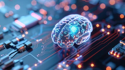 Brain with AI circuits, cyberpunk, metallic tones, photorealistic, detailed electronic patterns