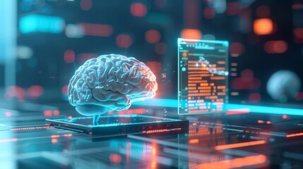 Obraz premium Brain with AI and hologram, cybernetic, dark tones, digital painting, glowing virtual interface