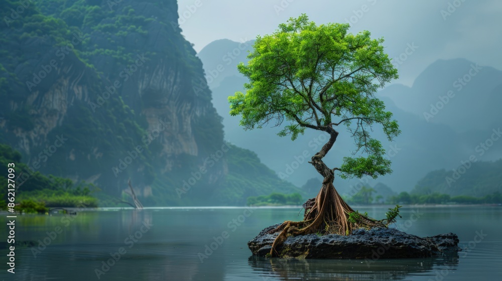 Aufkleber a large tree is floating on a lake surrounded by mountains. generate ai image