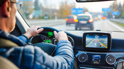 Image of a driver using a GPS navigation system on the dashboard of their car while driving on the highway