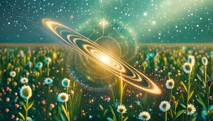 A Field of Flowers with A Bright Light Shining Through the Sky