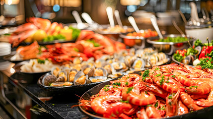 Luxurious Seafood Buffet Feast with an Impressive Selection of Fresh Shrimp Crab Lobster Oysters Mussels