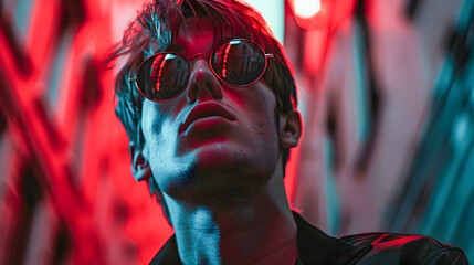 Moody dramatic neon portrait of a young serious looking man wearing sunglasses in a futuristic cyberpunk inspired digital setting The image evokes the creative