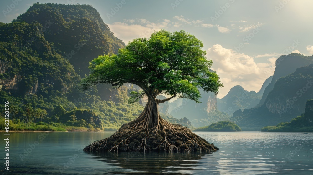 Poster a large tree is floating on a lake surrounded by mountains. generate ai image