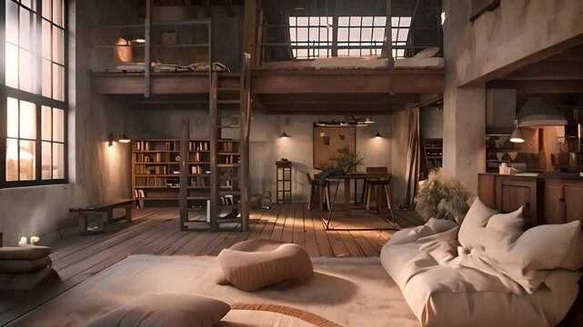 Cozy Industrial Loft Interior with Modern Decor with Ai generated.

