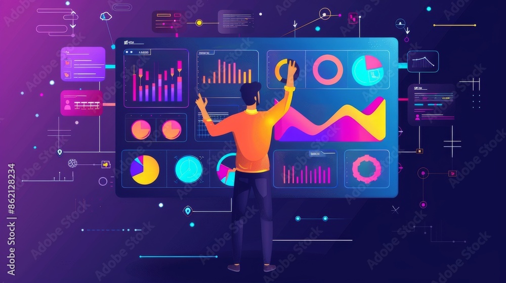 Poster man interacting with a digital dashboard