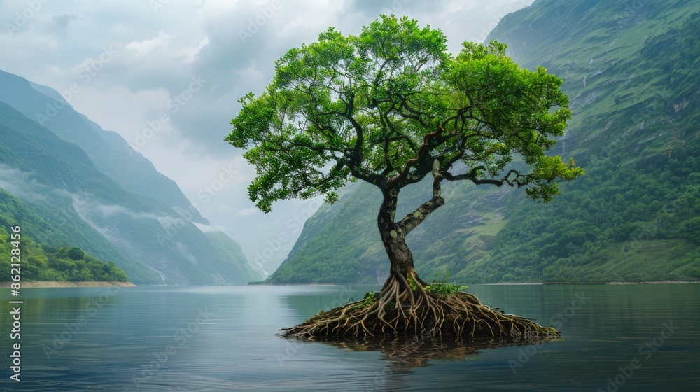 Aufkleber a large tree is floating on a lake surrounded by mountains. generate ai image