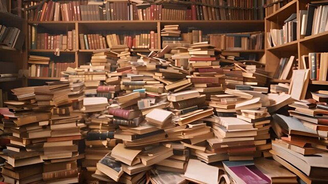 Overflowing Bookshelves in Cluttered Library with Ai generated.

