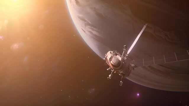 Spacecraft Orbiting Jupiter with Glowing Sun with Ai generated.


