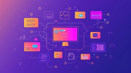 Colorful Abstract Design with Connected Computer Screens and Data