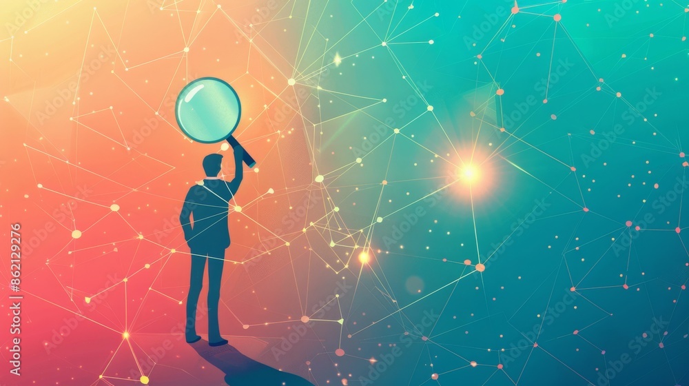 Poster man with magnifying glass looking at abstract network