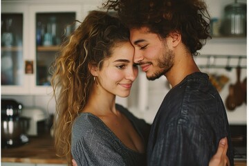 A romantic couple in a kitchen is embracing each other closely, sharing an intimate and tender moment, with a cozy and homely kitchen setting around them.