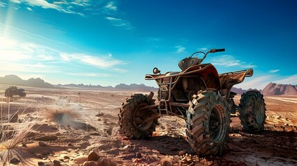 Rugged Modified Four Wheeler Navigating Post Apocalyptic Desert Landscape with Bright Blue Sky
