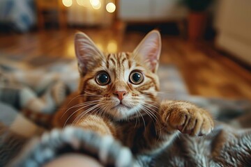 A cute kitten with wide eyes is reaching out towards the camera, creating a heartwarming and playful scene, set in a cozy indoor environment with a blanket.