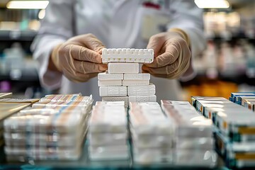 A lab technician with gloved hands meticulously stacking blister packs in a pharmacy setting, showcasing pharmaceutical precision, hygiene, and reliability.