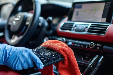 A person wearing blue gloves cleaning the interior of a car using a red cloth and brush, illustrating meticulous care, cleanliness, and maintenance of the vehicle.