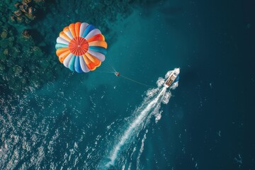 A boat pulls a colorful parasail high above the sparkling ocean, capturing the thrill and beauty of parasailing against the vast and clear blue waters in a coastal area.