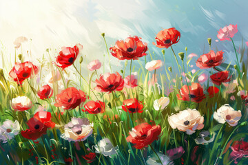 A painting of a field of red and white flowers