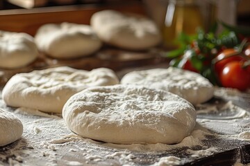 Fototapeta premium A collection of dough rounds sprinkled with flour on a kitchen surface, ready for the baking process. The scene is set in a cozy, rustic kitchen environment.