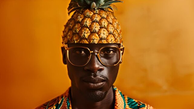 Man Wearing Pineapple Hat and Sunglasses with Ai generated.
