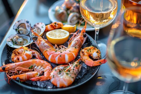 Delicious grilled prawns served on a plate with a lemon slice, accompanied by glasses of white wine, creating a gourmet dining experience perfect for seafood lovers.