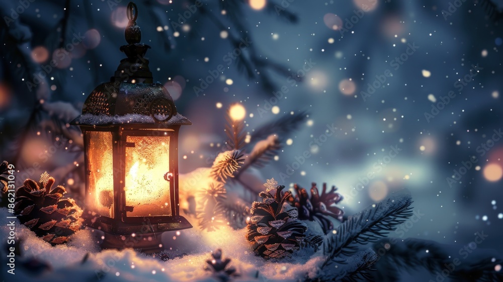 Aufkleber a lantern with a candle inside is lit in the snow. generate ai image