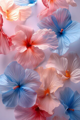 Fototapeta premium Colorful Hibiscus Flowers in Soft Pastel Tones on a Light Background Nature's Artistry in Bloom