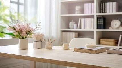white table with books, stationery and copy space in blurred study room