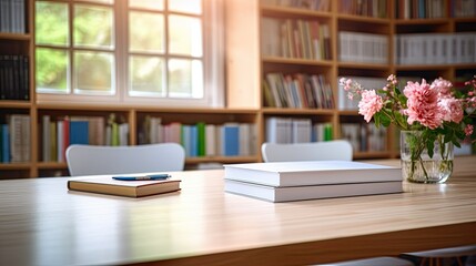 white table with books, stationery and copy space in blurred study room