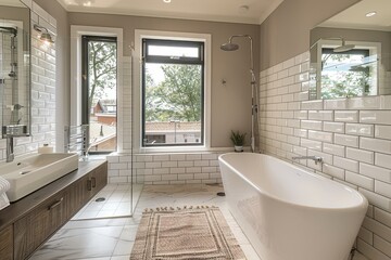 Contemporary bathroom design featuring a sleek freestanding tub, glass-enclosed shower, large vanity with vessel sink, and an abundance of natural light from the windows.