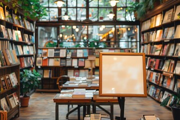 A cozy bookstore filled with wooden shelves holding an array of books, green potted plants, large windows allowing natural light, and a welcoming ambiance for readers.