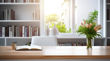 Fototapeta premium white table with books, stationery and copy space in blurred study room
