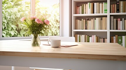 Fototapeta premium white table with books, stationery and copy space in blurred study room