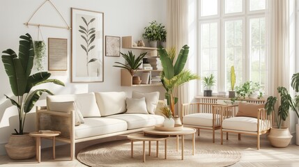 Bright and Airy Modern Living Room with Indoor Plants and Natural Light