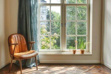 Fototapeta premium Interior design with a brown leather chair next to a window, enhancing the sunlight’s warmth, accompanied by blue curtains and potted plants on the window sill.