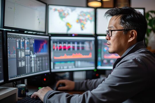 A stock trader is intensely analyzing multiple financial data screens, focusing on various charts and trading information, showcasing the dynamics of stock trading.