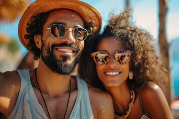 A happy couple, adorned in sunglasses, bask in the sunlight while enjoying a relaxing day outdoors, reflecting joy, partnership, and carefree moments amidst a picturesque setting.