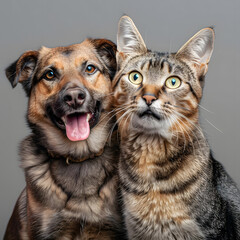 Adorable portrait of a dog and cat pair sitting together, looking at the camera, displaying their special bond and friendship.