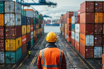 A dock worker in a reflective vest and hard hat surveys stacked containers at an industrial port. The scene showcases the vastness of shipping operations and labor intensity. - Powered by Adobe