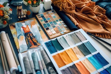A beautifully arranged collection of fashion design materials on a table, including color swatches, fabric samples, and patterns, setting the scene for creativity and style.