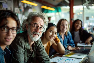 An older man and a diverse group of people collaborate in an office setting, symbolizing teamwork, experience, and the blending of different perspectives in a modern workplace.