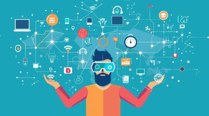 A Man in VR Headset Experiencing the Interconnected World of Technology