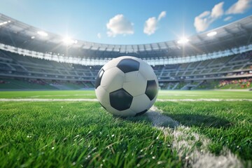 A soccer ball rests on the lush green field of a stadium, poised for action in the midfield, creating the perfect backdrop for football match design and decoration.