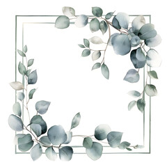 Watercolor illustration of eucalyptus leaves in a minimalist frame, ideal for a simple wedding invitation.